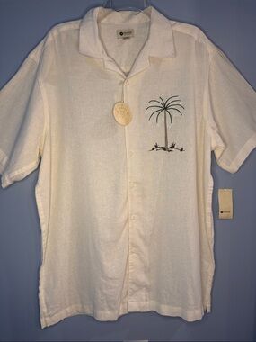 HAGGAR Linen-Blend Shirt with Palm Embroidery L NWT!